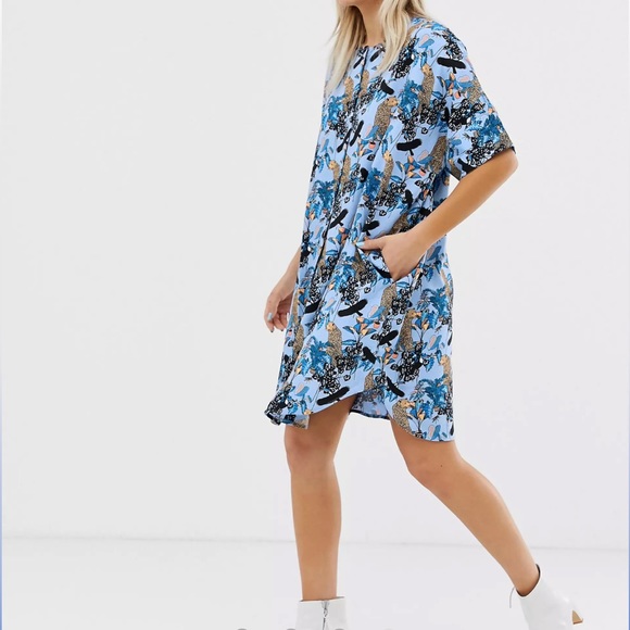 Monki ASOS jungle print oversized mini dress in blue small - Picture 1 of 16